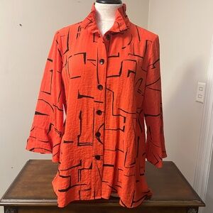 Ali Miles red tunic with black graphic designs, size M
